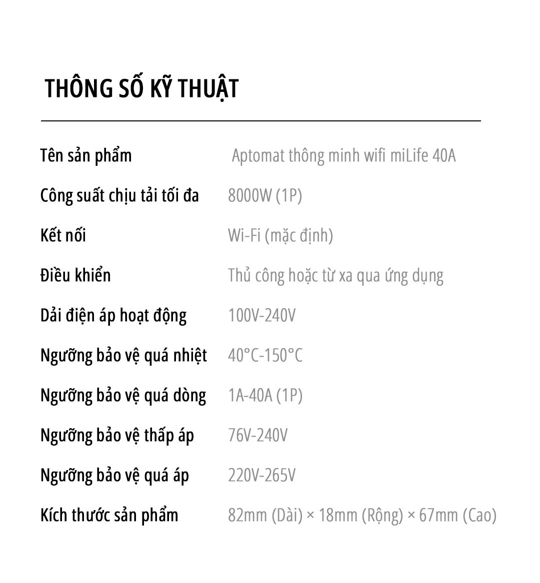 Aptomat CB thông minh Wifi miLife 40A thông số kỹ thuật