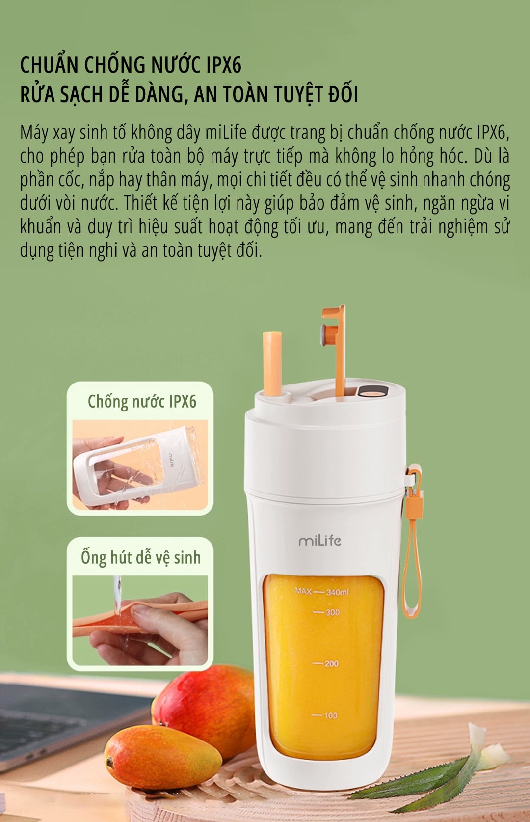 Máy xay sinh tố cầm tay 340mL xay được đá viên khả năng chống nước