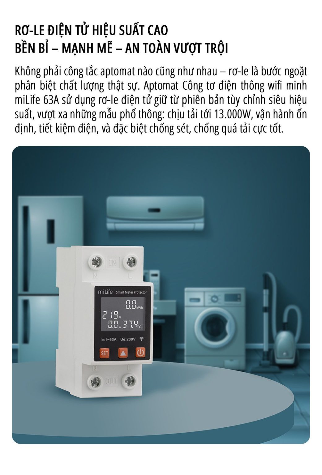 Công tơ điện thông minh wifi miLife 63A công suất cao