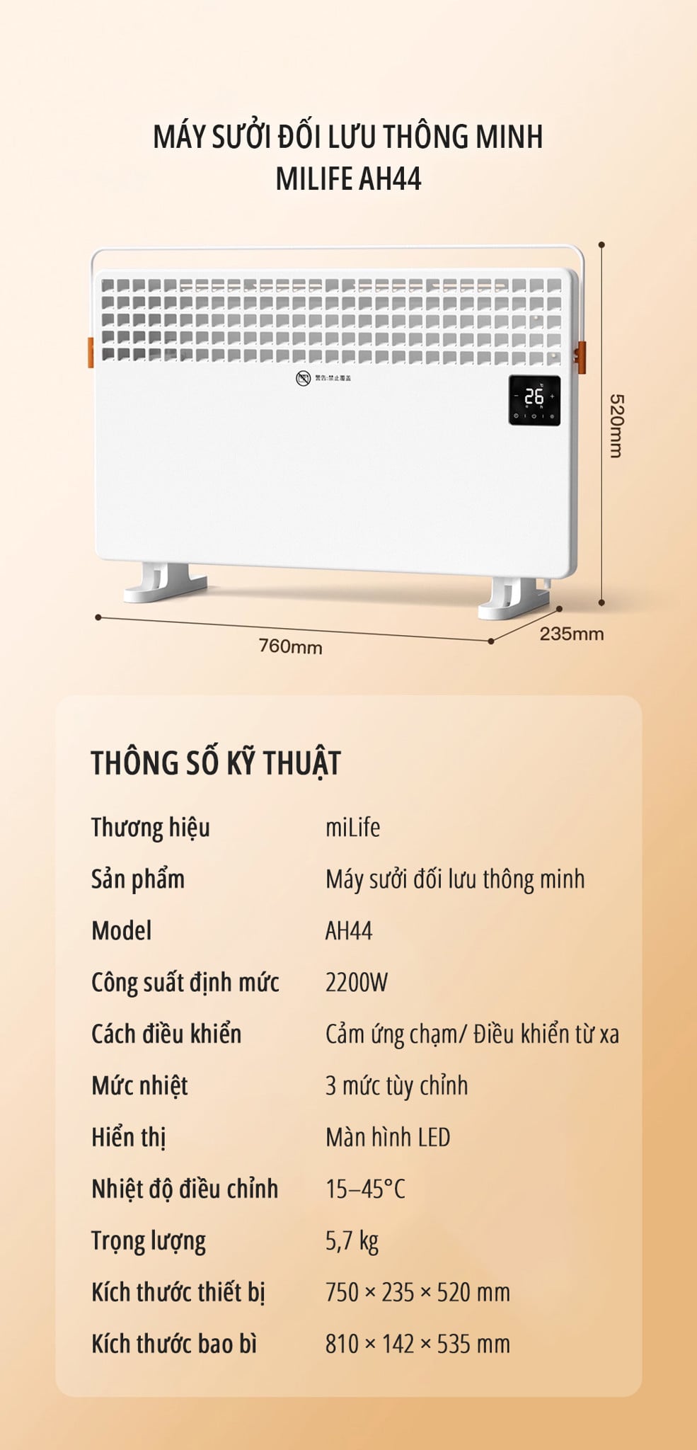 Máy sưởi điện đối lưu miLife AH44 thông số kỹ thuật