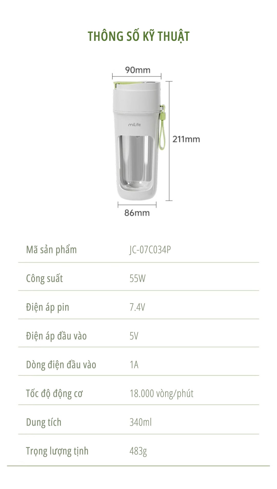 Máy xay sinh tố cầm tay 340mL xay được đá viên thông số kỹ thuật