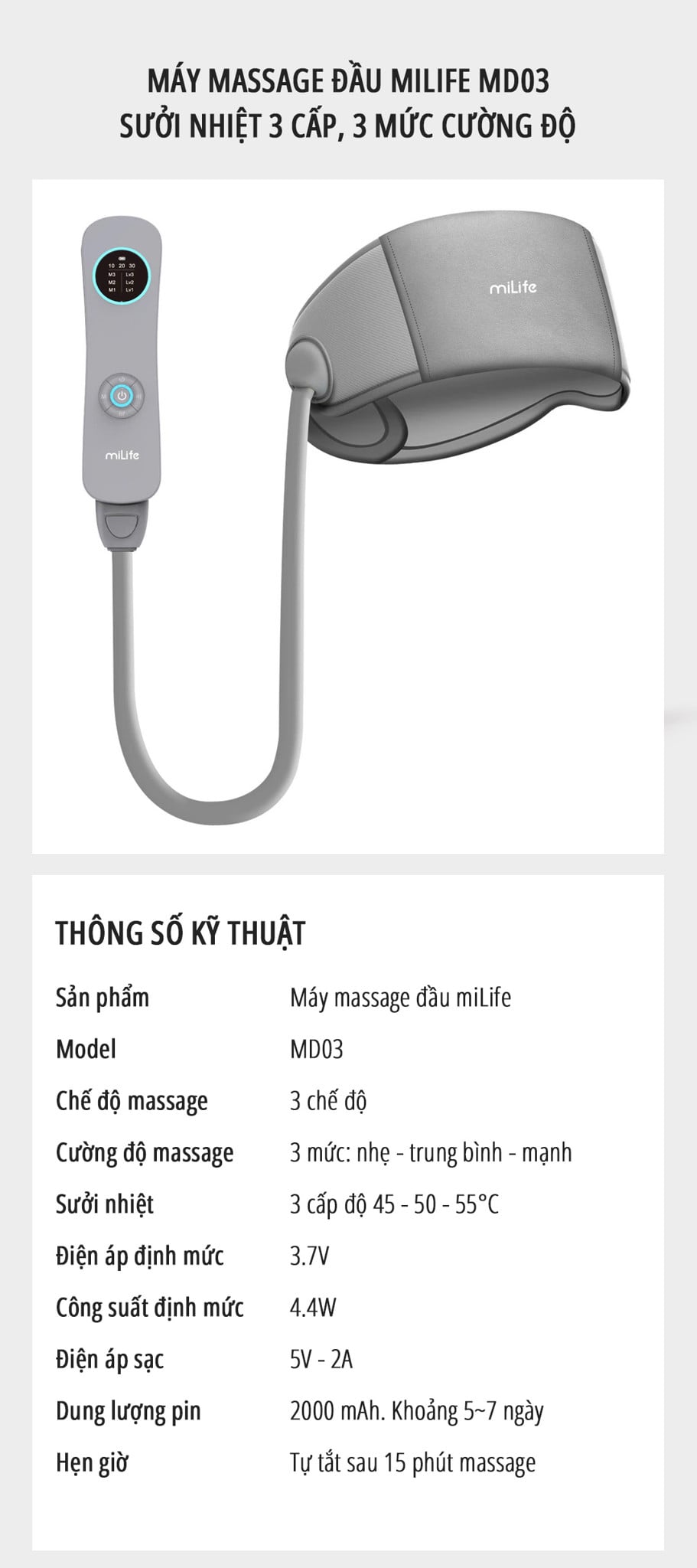 Máy massage bóp đầu miLife MD03 thông số kỹ thuật