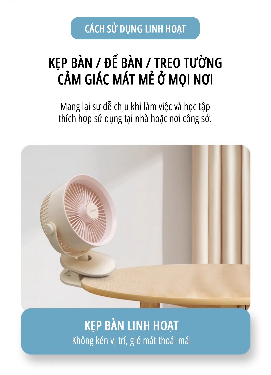 Quạt kẹp tích điện miLife F3B tiện ích