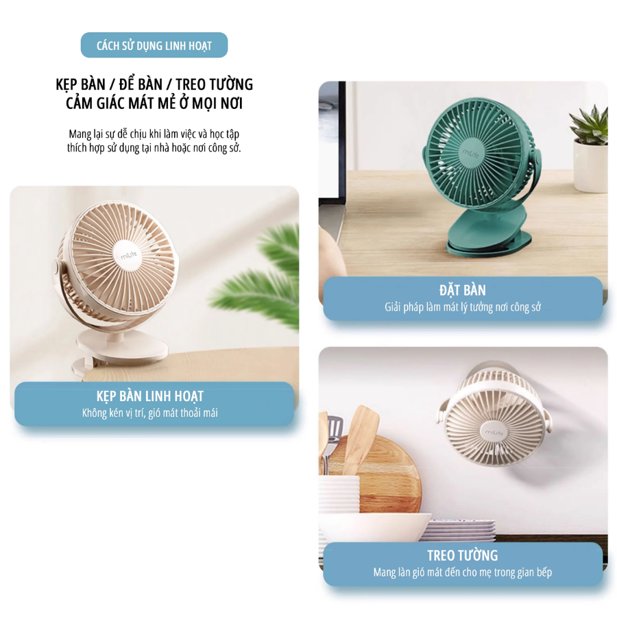 Quạt kẹp tích điện miLife F3A cánh 12cm - Chính hãng - Ảnh 3