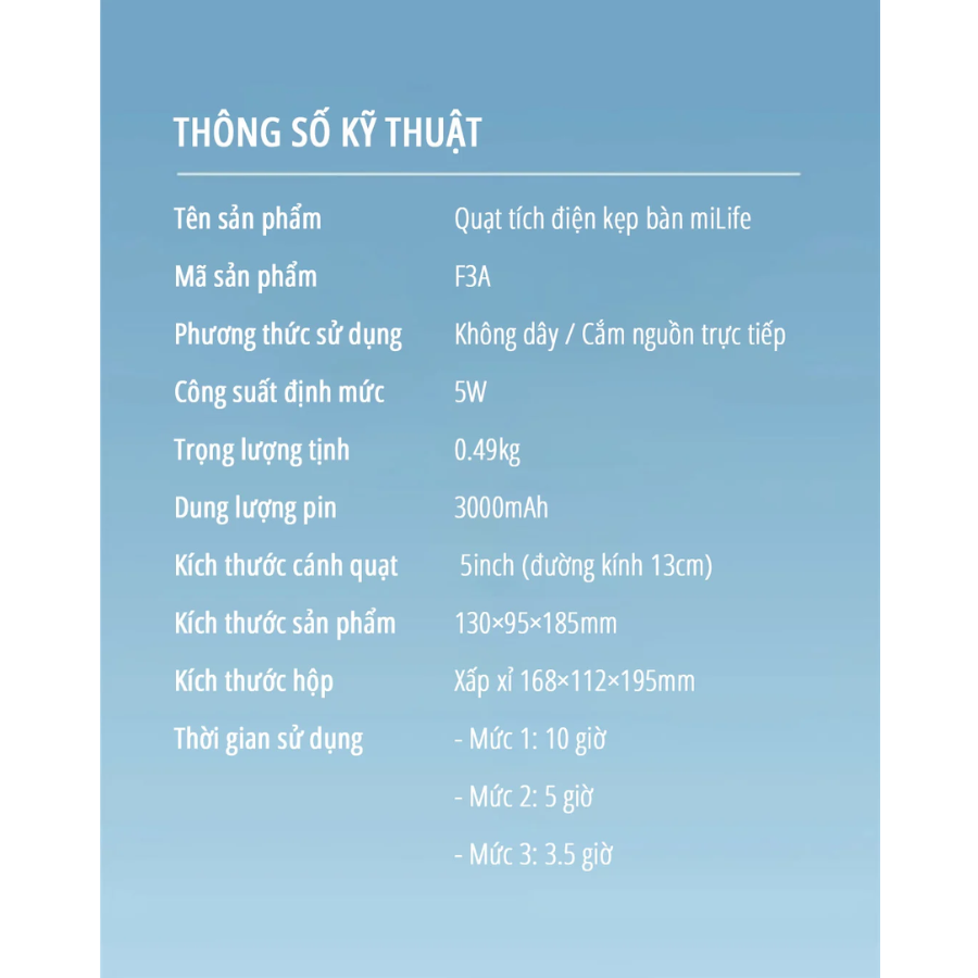 Quạt kẹp tích điện miLife F3A cánh 12cm - Chính hãng - Ảnh 7