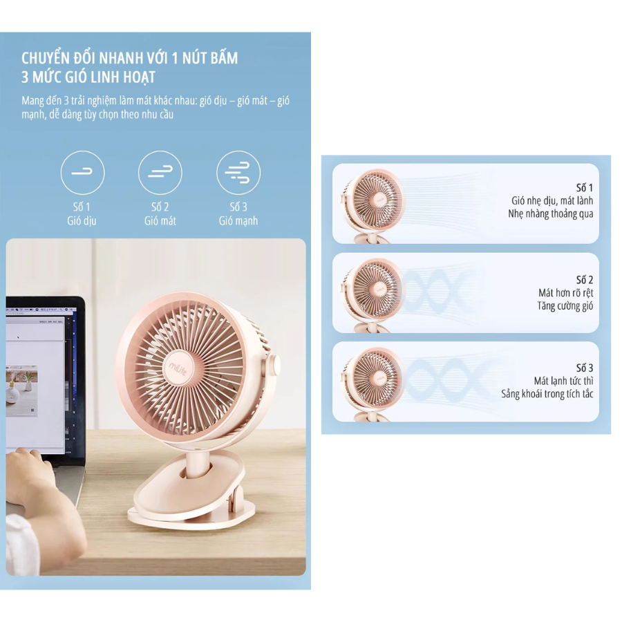 Quạt kẹp tích điện miLife F3B cánh quạt lớn 18cm - Chính hãng - Ảnh 8