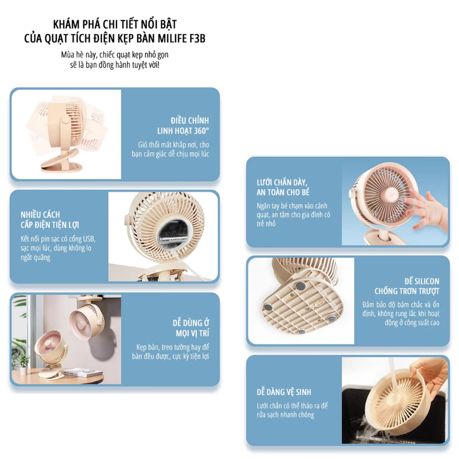 Quạt kẹp tích điện miLife F3B cánh quạt lớn 18cm - Chính hãng - Ảnh 5